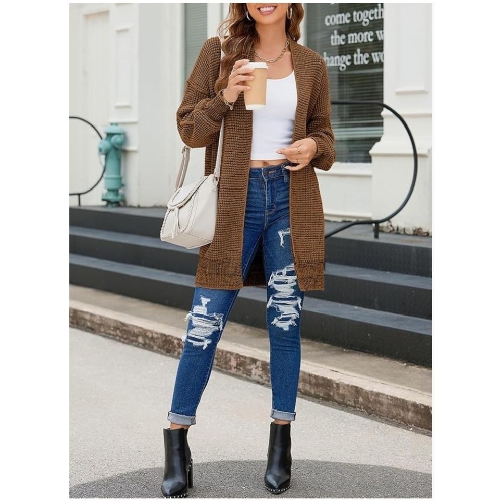 Women's Long Sleeve Open Front Waffle Knit Cardigan Sweater Brown Size M